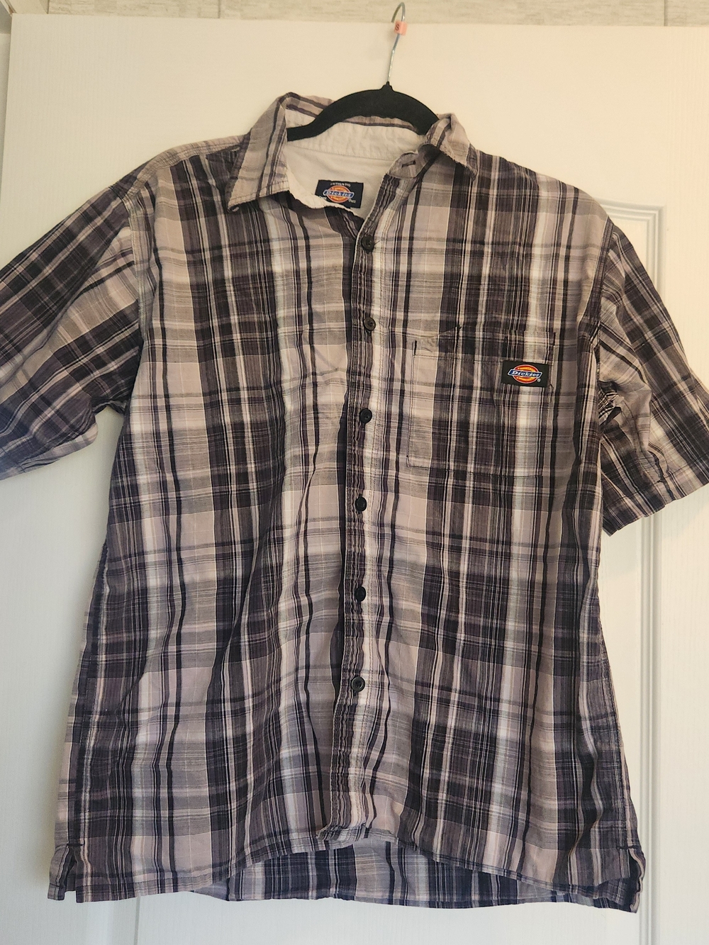 Dickies Men’s Plaid Short Sleeve Button-Up Shirt - Black and Cream L Euc